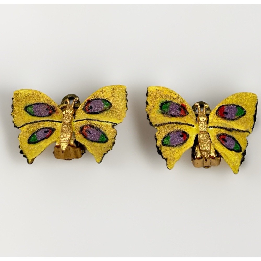 Vtg Butterfly Earrings Sugared‎ Enamel Clip On West Germany Yellow